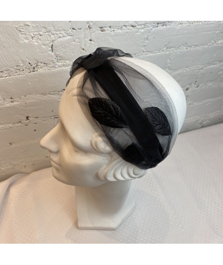Black Tulle Satin Leaves Center DIvot Headband