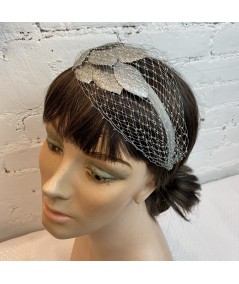 Grey Veiling with Silver Leaves Side Divot Headband
