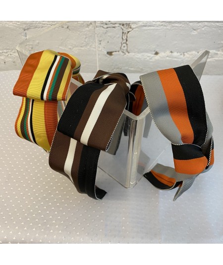 Grosgrain Stripe Side Knot Headband ORange Slide - Black Ivory Brown - Grey Orange Black