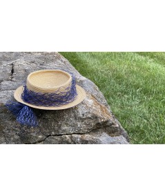 Color Stitch Straw Boater with Veiling Detail