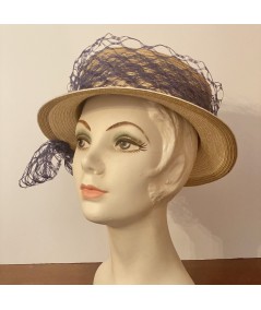 Color Stitch Straw Boater with Veiling Detail