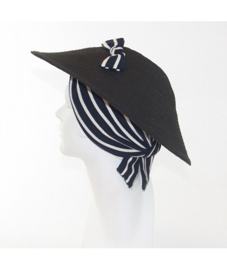 Black Straw Collie Hat with Navy/Ivory Jersey Turban
