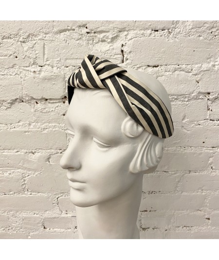 Cream/Charcoal Cotton Stripe Turban Headband with Elastic