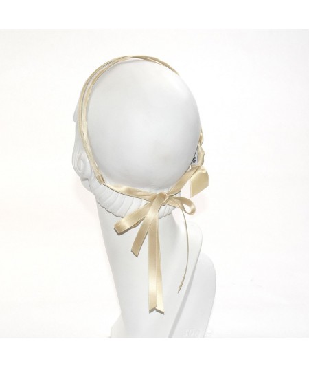 Beige Double Satin Headband with Bow Tie at Nape of Neck