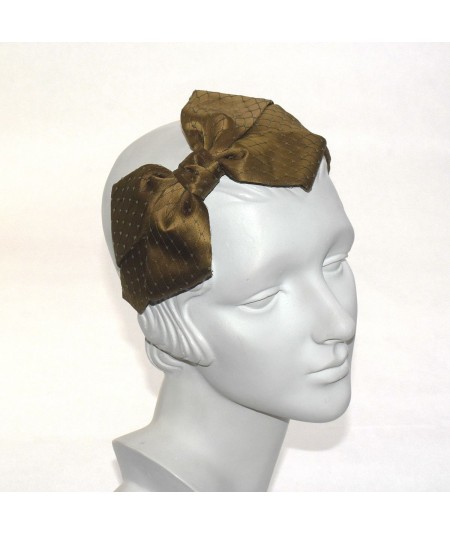 Antique Gold Satin Covered Olive Veiling Carolina Bow Headband