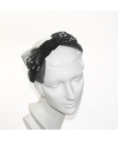 Black Tulle Side Bow Pearls Headband