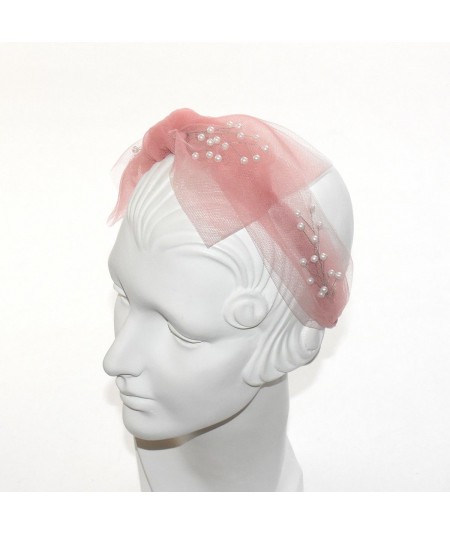 Coral Tulle Side Bow Pearls Headband