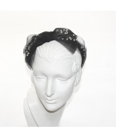Black Tulle Side Bow Pearls Headband
