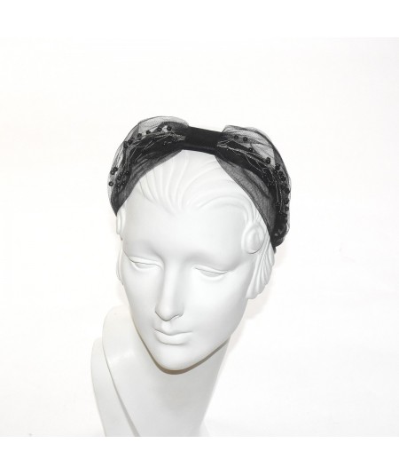 Black Extra Wide Tulle Center Divot Pearls Headband