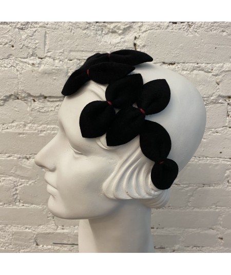 Black with Red Stitch Vintage Styled Headpiece Sabrina - Handmade of Velour Felt