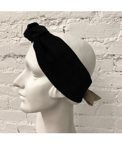 Black Suede Knot Turban Head Wrap with Tan Elephant Bow at Back