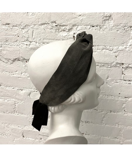 Charcoal Suede Knot Turban Head Wrap with Black Bow at Back