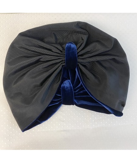 Navy Velvet with Black Grosgrain Texture Turban Hat