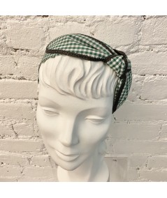 Green Gingham Check with Black Straw Edge Side Turban Headband