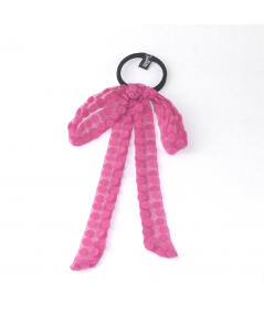 Hot Pink Big Dotted Tulle Long Bow Ponytail Holder