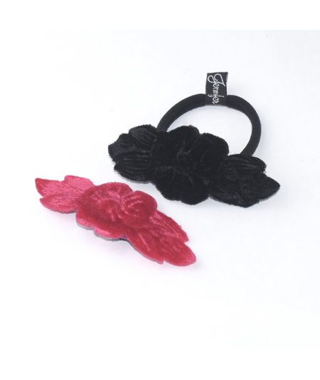 Black Vintage Velvet Rose Flower Ponytail Holder - CC20 Hot Pink
