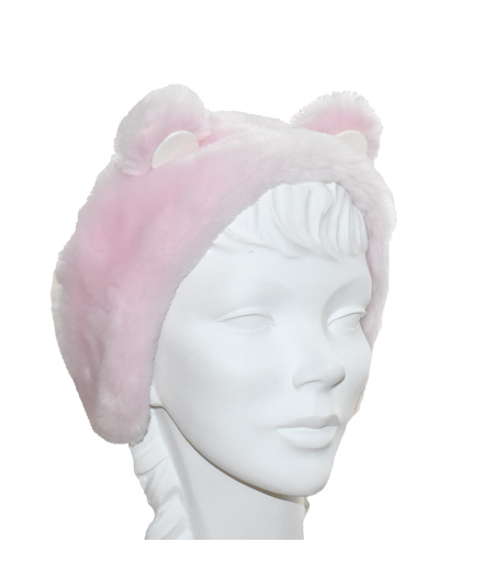 Pink and white panda bear earmuffs made of faux fur with fleece lining