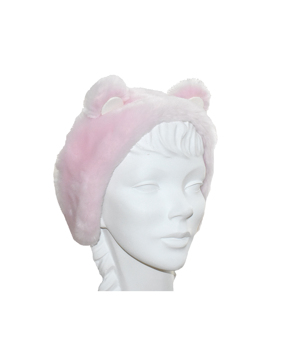 Pink and white panda bear earmuffs made of faux fur with fleece lining
