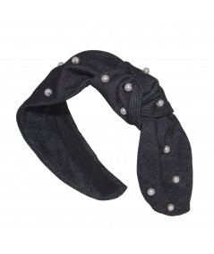 Black with White Pearl Denim Side Turban Trimmed with Pearl
