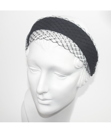 Black Grosgrain Texture with Veiling Wide Headband