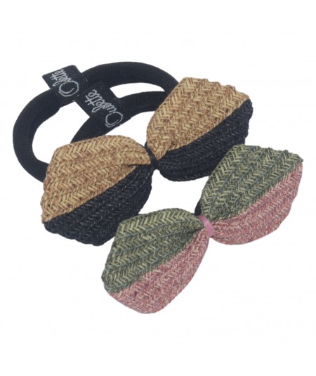 Black/Wheat - Raspberry/ Green Straw Bow Tie Ponytail Holder