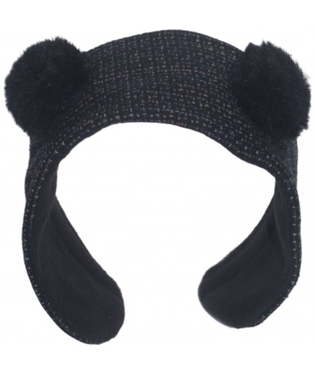 Jackie O Silk Tweed Earmuff with Black Faux Fur Pompoms