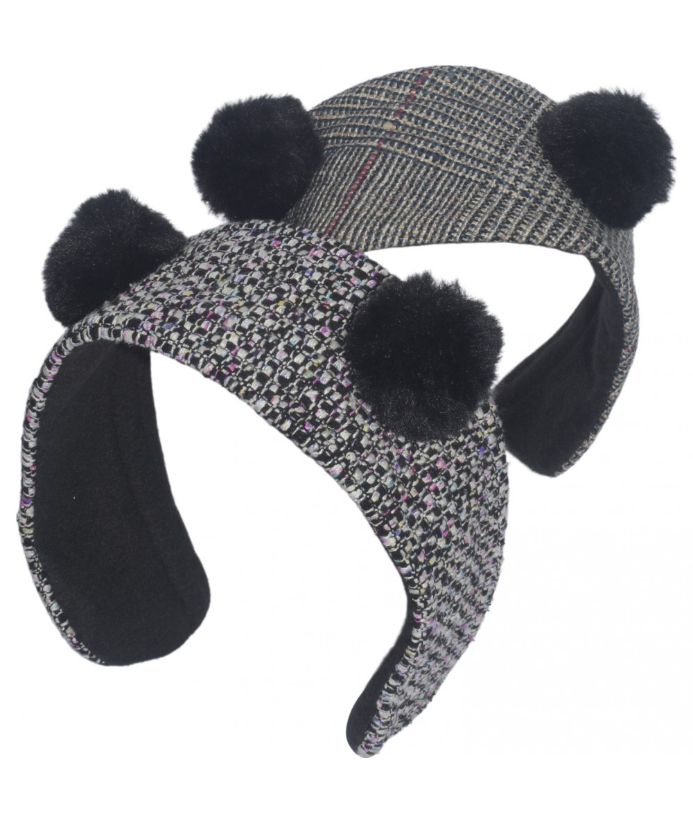 Chelsea - Lexington Silk Tweed Earmuff with Black Faux Fur Pompoms