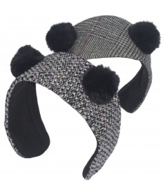 Chelsea - Lexington Silk Tweed Earmuff with Black Faux Fur Pompoms