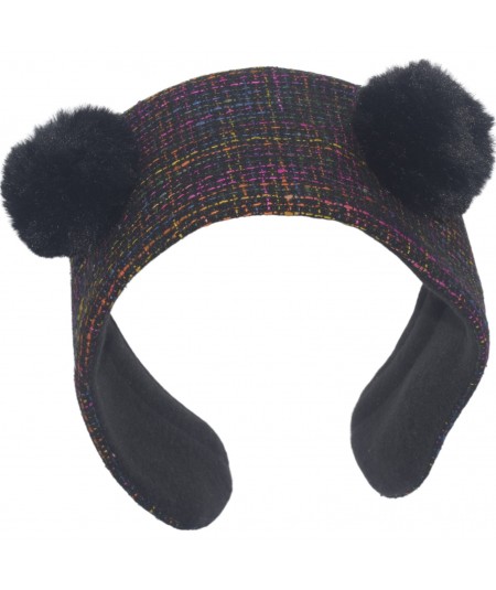 Time Square Silk Tweed Earmuff with Black Faux Fur Pompoms
