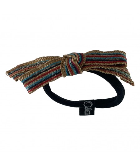 Boardwalk Color Stitch Straw Bow Ponytail Holder