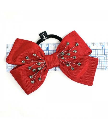 Red Cardinal Faille Bow with Gunmetal Rhinestone Ponytail Holder