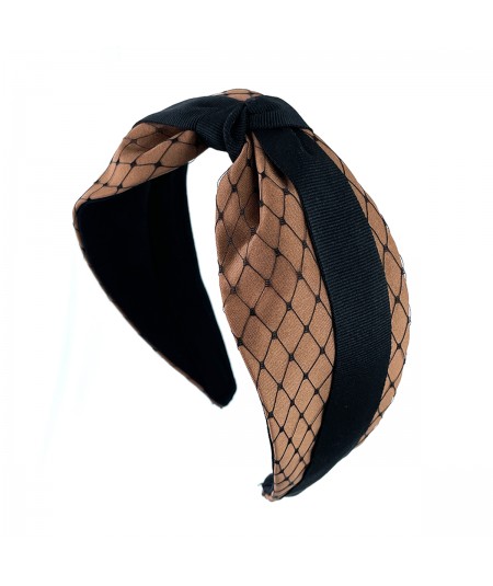Cocoa Satin Extra Wide Covered Black Veiling Headband with Black Grosgrain Twisted
