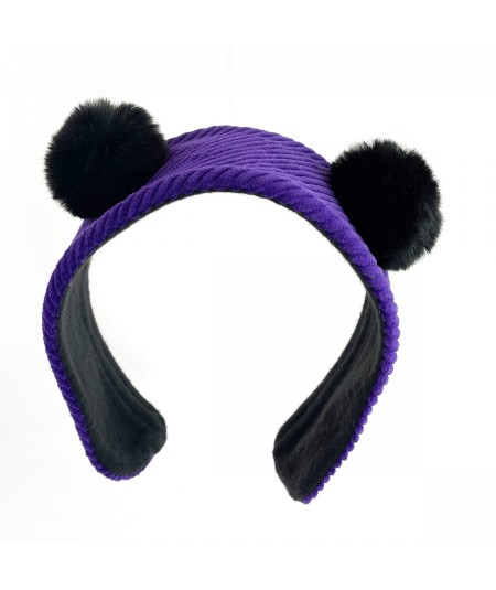 Purple Corduroy Earmuff with Black Faux Fur Pompoms