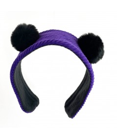 Purple Corduroy Earmuff with Black Faux Fur Pompoms