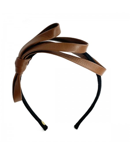 English Tan Leather Bow Headband