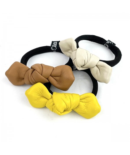 Sun Yellow - Camel - Bone Leather Small Knot Ponytail Holder