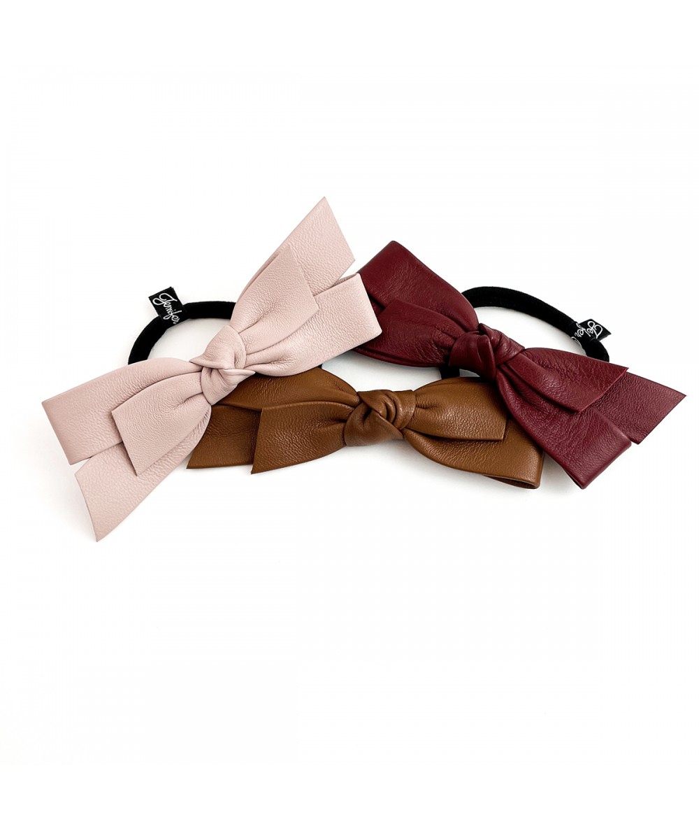 Pale Pink - English Tan - Dark Red Leather Bow Ponytail Holder