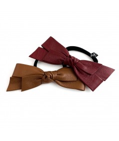 English Tan - Dark Red Leather Bow Ponytail Holder