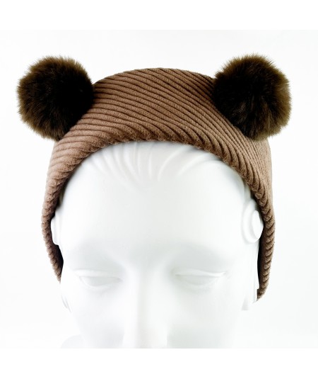 Tabac Corduroy Earmuff with Brown Faux Fur Pompoms