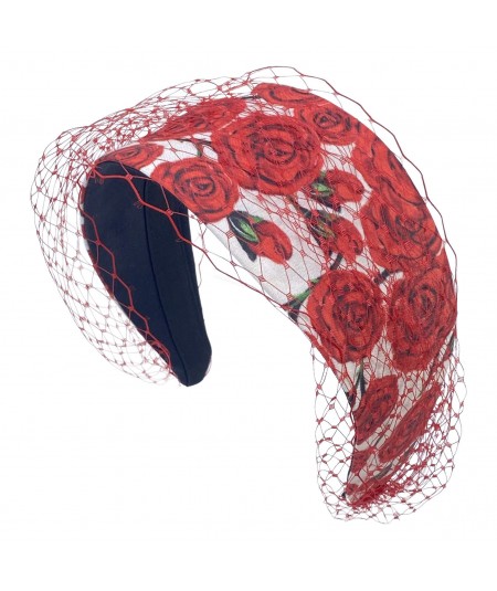 Red Roses Floral Print with Changeable Red Veiling Headband