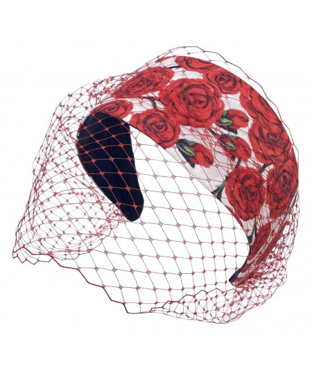 Red Roses Floral Print with Changeable Red Veiling Headband