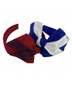 Ivory-Corsair blue and Burgundy-Red Cardinal Grosgrain Texture Carolina Bow Headband
