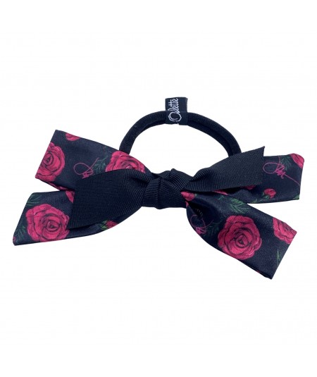 Pink Roses Bow with Black Grosgrain Knot Ponytail Holder