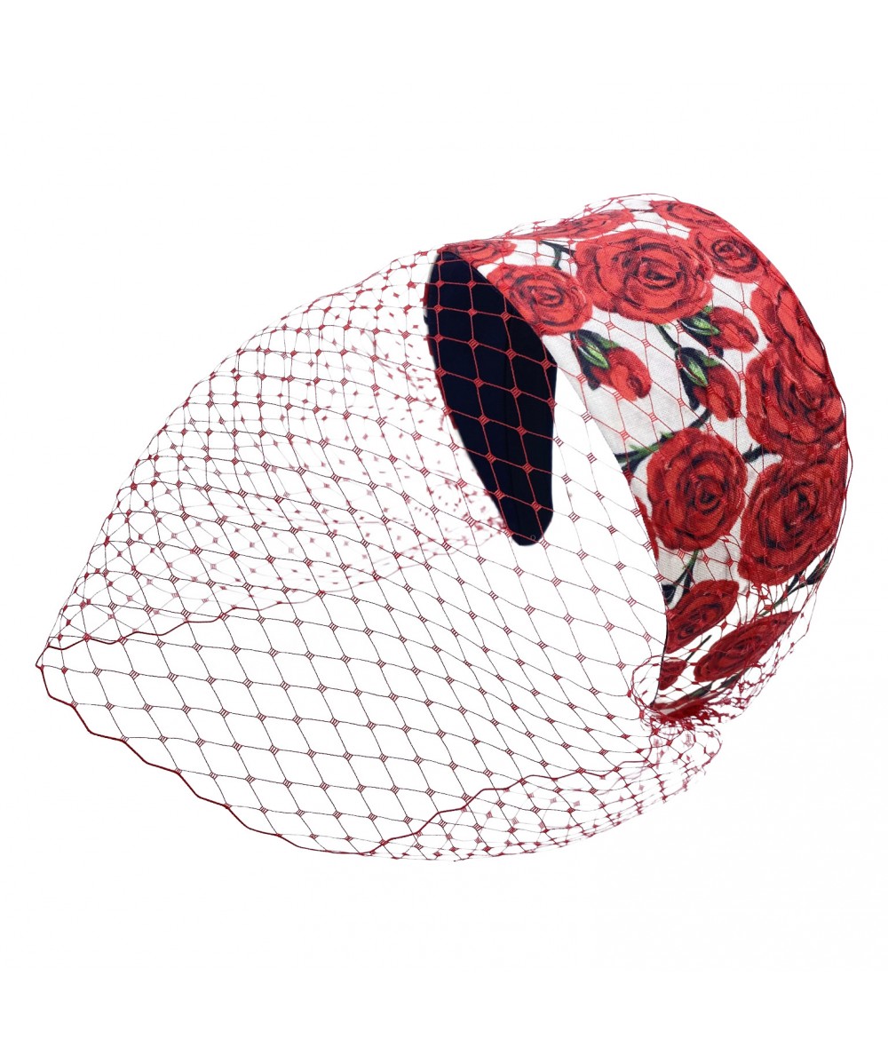 Red Roses Print with Red Changeable Veiling Headband