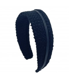 Black Beat Wool Wide Headband with Leather Trim