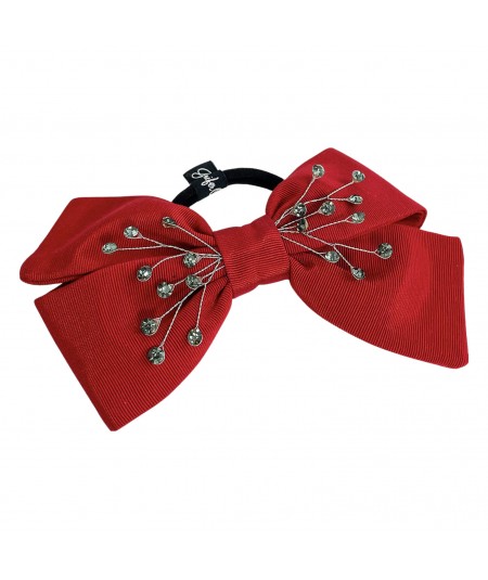 Red Cardinal Faille Bow with Gunmetal Rhinestone Ponytail Holder