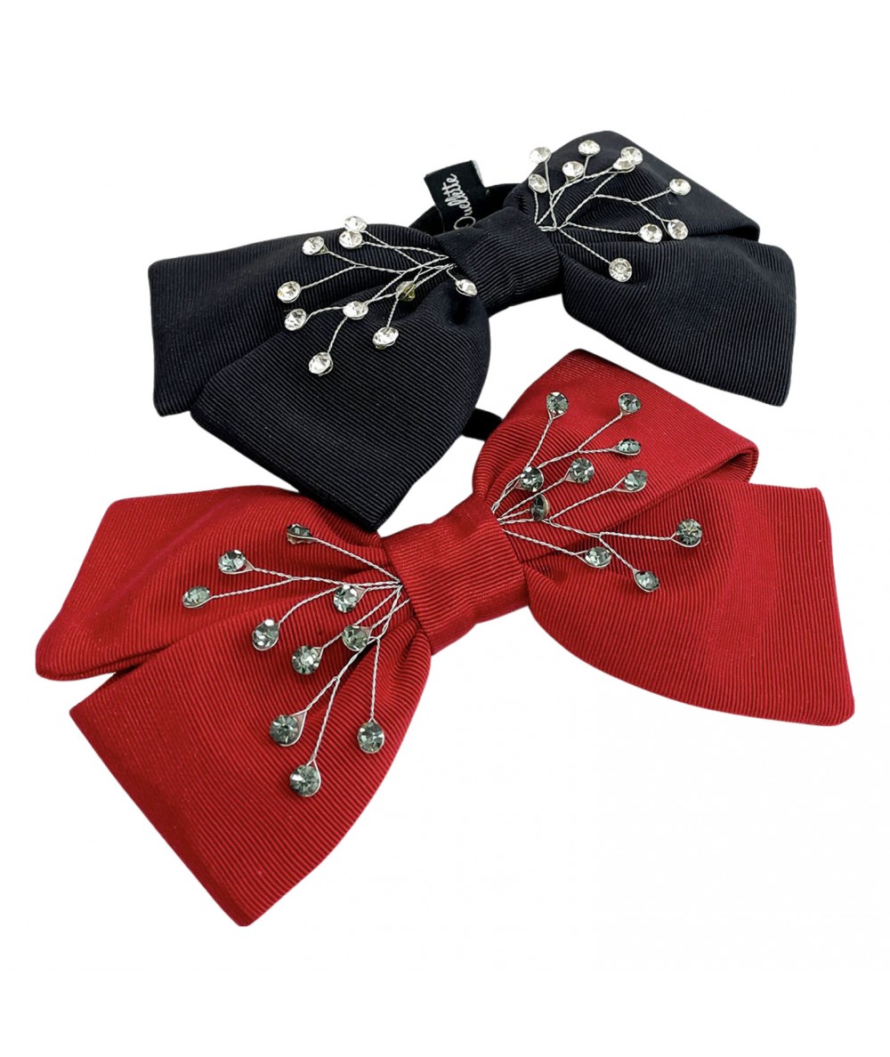 Black with Crystal - Red with Gunmetal Faille Bow with Rhinestone Ponytail Holder