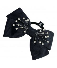 Black with Crystal Faille Bow with Rhinestone Ponytail Holder