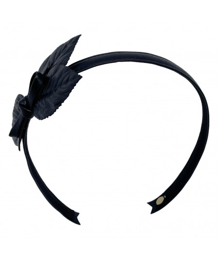 Black Leather Headband with Leaves and Bow