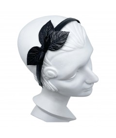 Black Leather Headband with Leaves and Bow